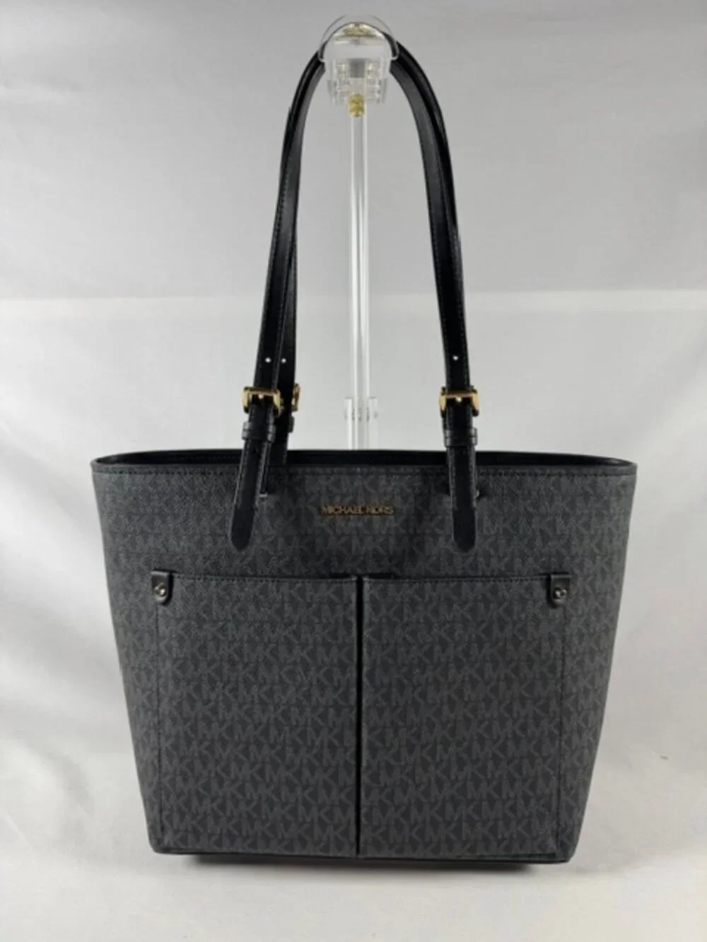 NEW Michael Kors Jet Set Medium Logo Pocket Tote, Black Signature Canvas NWT